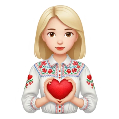 beautiful young girl in a white Ukrainian embroidered shirt clutching a large embroidered heart sticker