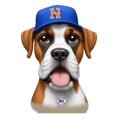 Boxer dog wearing New York Mets hat sticker