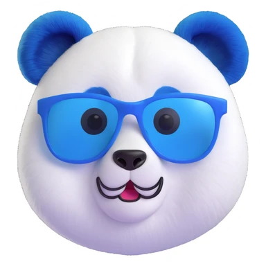 3D emoji of a playful and modern panda face inspired by classic panda emoji, with white and rich blue color scheme #002FA7 instead of black, wearing stylish white translucent designer glasses, smooth 3D finish sticker