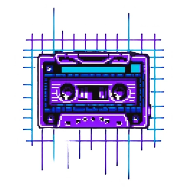cassette tape with purple and blue neon colors and retro grid background sticker