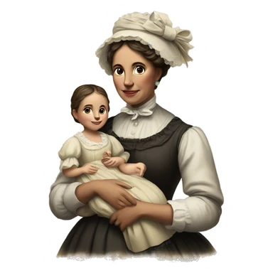 A 19th century woman with a child in her arms. There is a big letter "A" on the dress sticker
