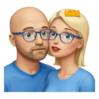 middle age bald man with heavy scruff, blue eyes and glasses.  Kissing blonde woman with blue eyes, the woman does not have glasses on sticker