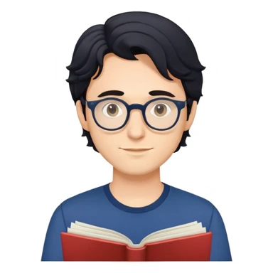 Young caucasian man with slightly longer wavy black hair, round glasses, dark blue shirt, holding a theater program sticker