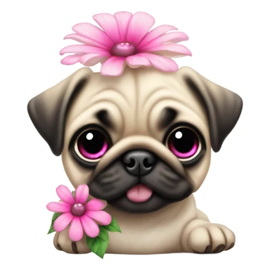 Baby pug playing with a flower pink eyes  sticker