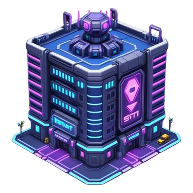 StarCraft-inspired, sci-fi, isometric RTS, cyberpunk building, neon lights sticker
