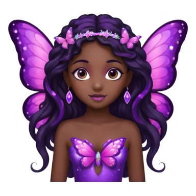 Black girl fairy with long wavy black hair, pink and purple red butterfly wings sparkly sticker