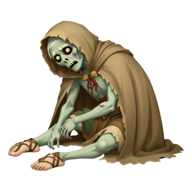 fullbody zombie leper in a prone pose, face down, with ancient sandals and ragged cloak, normal emoji style sticker