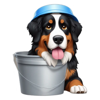 Bernese mountain dog with a plastic bucket on his head sticker
