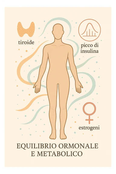 Il corpo è circondato da simboli delicati e bilanciati che rappresentano equilibrio ormonale e metabolico: piccoli cerchi, flussi energetici colorati, simboli stilizzati di tiroide, picco insulina, estrogeni. 4k immagine in italiano sticker
