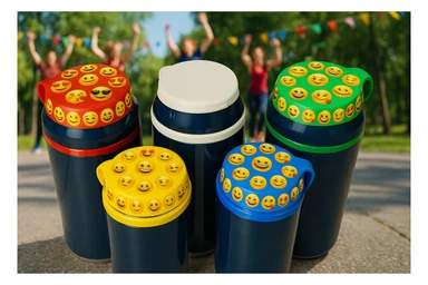 Rakj a kupakokra emoji-kat, smiley-kat, megváltoztathatod a háttereket. valósághű legyen a kép, 1920x1080px méretű legyen. fiatal, dinamikusfotókat készíts! csak a kupak külső részére rakj mintát! sticker