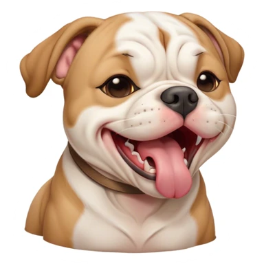 Cinematic Cute Yawning Solid Tan American Bulldog Portrait Emoji, Head tilted slightly with a dramatic, wide-open yawn, short tan fur with a velvety texture, floppy ears slightly drooping, round brown eyes barely open in drowsy contentment, Simplified yet irresistibly adorable features, highly detailed, glowing with a soft, cozy glow, high shine, relaxed yet expressive, stylized with a touch of whimsy, bright and endearing, soft glowing outline, capturing the essence of a sleepy yet affectionate pup, so drowsy it feels like it could stretch right out of the screen and curl up for a nap! sticker
