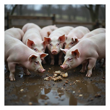 realistic scene of a group of pigs in a muddy pen, some eating leftovers and others approaching feces on the ground, rural atmosphere, natural details, 4K quality sticker