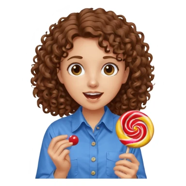 girl with brown curly hair in a blue button-up shirt loving candy excited sticker