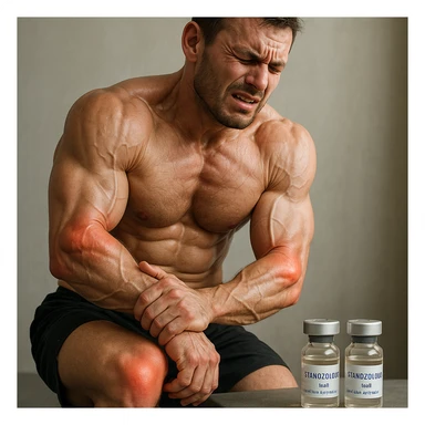 realistic and anatomical crossfit athlete with swollen and painful joints; muscles emphasized; expression of discomfort; vials labeled 'Stanozololo' nearby; natural lighting; neutral background sticker