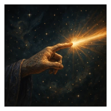mystical hand pointing outward with a beam of light shooting from the fingertip, no text, fantasy style, not apple emoji style sticker