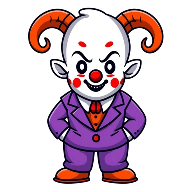 demonic clown wearing a leisure suit, bald with ram horns sticker