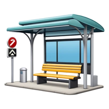 A bus stop with a shelter, a bench, and a signpost displaying the bus route information sticker