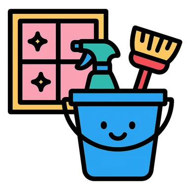 bucket with cleaning supplies next to a window, cheerful and tidy sticker