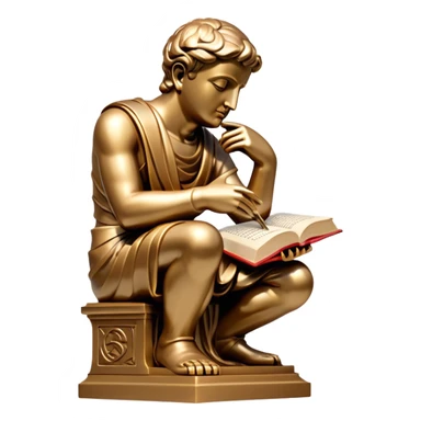 An icon featuring a thinker statue, a scroll, symbolizing philosophy. The design includes books and abstract symbols representing deep thought and wisdom. Transparent background highlights the study of ideas, logic, and existential questions sticker