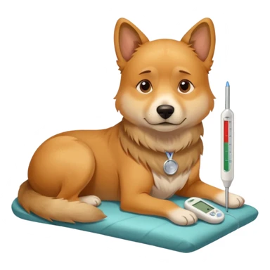A sick dog lying down with a digital thermometer placed next to it, showing a fever.
The dog looks tired and weak, with a warm and cozy indoor atmosphere. sticker