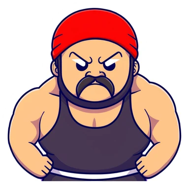Close-up of very fat white skin guy with young face, beard and mustache, no muscle with prominent black durag, black eyes in a red and black wrestling singlet with angry face sticker