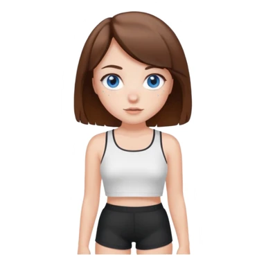 Brown haired girl with bob and blue eyes and freckles and white crop top and black shorts sticker