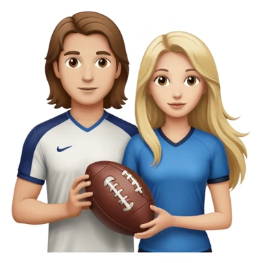 Man with brown hair with a football and woman with long blonde hair with a football sticker