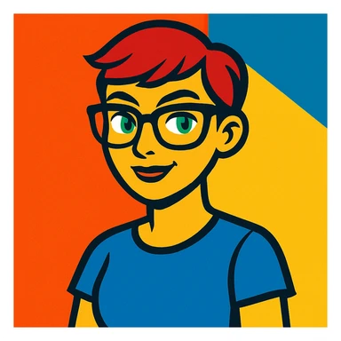 woman with a short pixie haircut, green eyes, glasses, and a short sleeve shirt, vibrant cartoon style sticker