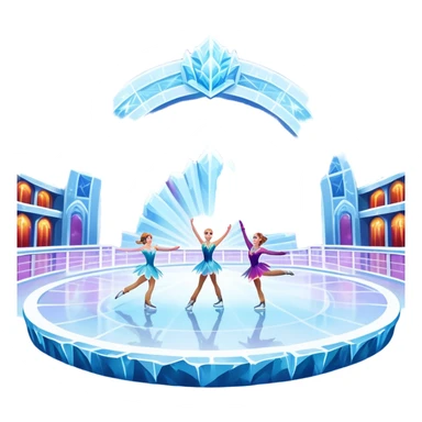 An icon of a theatrical ice show with costumed figure skaters performing a dramatic scene on a glowing ice stage. Spotlights, colorful scenery, and a cheering audience in a grand arena convey the magic and artistry of the ice performance. Transparent background included. sticker