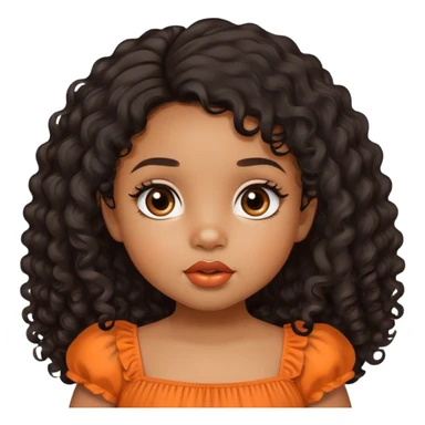 light brown skin tone, very adorable toddler, with big plump lips, long long lashes, black curly hair, middle hair parting, brown eyes, orange dress sticker