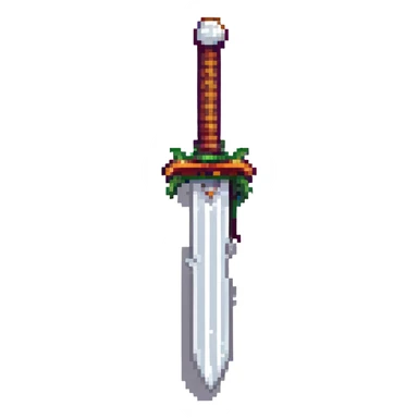 Rotate the sword 270 degrees and make it larger, keep 8-bit pixel art style, transparent background. sticker