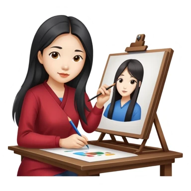 Asian woman in long hair drawing on drawing table  sticker