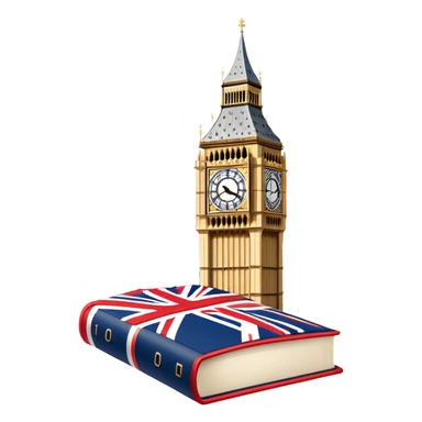 An icon featuring the Big Ben clock tower and the flag of the United Kingdom, symbolizing the English language. The design includes an open book with English words and phrases, representing language learning and cultural exploration. Transparent background  sticker