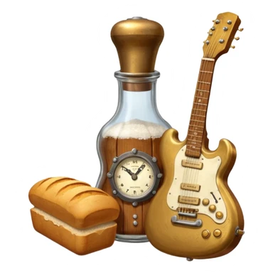 steampunk - a bottle of salt (salt shaker) and a loaf of  bread with a small SG Gibson electric guitar sticker