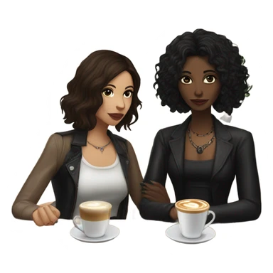 puerto rican woman light skin with shoulder-length, wavy, brown hair drinking latte with Italian goth woman with black, straight hair drinking espresso at table sticker