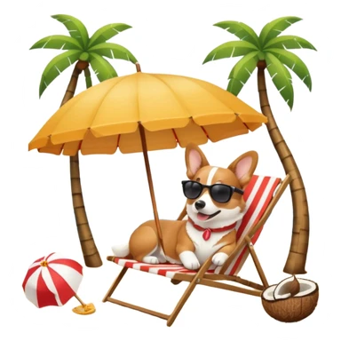 a corgi dog laied on a beach chair, a sunny beach, a sun umbrella, and beach coconut trees. the icon should capture the essence of a relaxing beach vacation with a carefree atmosphere sticker
