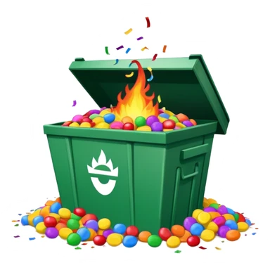 Dumpster fire piñata with confetti and candy sticker