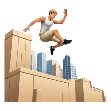 A person performing a parkour move, leaping between buildings or scaling a wall with agility and precision. The scene captures dynamic motion, showcasing strength, flexibility, and the thrill of urban acrobatics against an urban cityscape backdrop. sticker