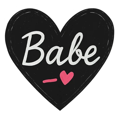 Add a pink accent, such as a small pink heart or underline, to the design. Keep the word 'Babe' in white handwriting across a black heart, hand-drawn style, high contrast, with no background. sticker