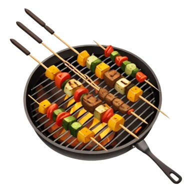 Grilled dishes avatar in bright emoji-style illustration. Skewers, BBQ, and grilled vegetables, warm fire tones, simple shapes, flat design, high contrast, tasty and inviting. sticker