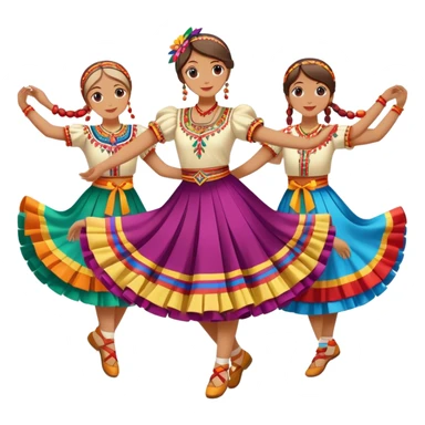 Icon for Folk Dance: close-up traditional dance dress, shoes, colorful folk costumes and a dance circle with ribbons. The icon should represent the vibrant and cultural aspects of folk dancing. Transparent background. sticker