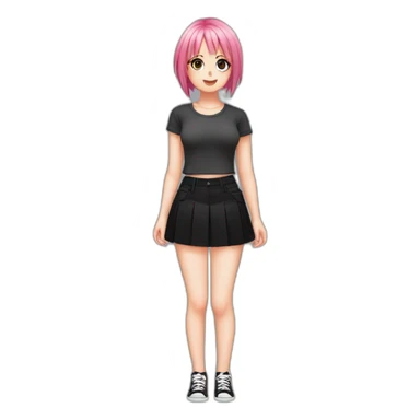 Full body Front view curvy emo girl pink hair sits on the floor straight view hands up black skirt белые трусики рваные полосатые чулки sticker