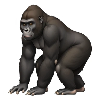 cinematic-friendly relaxed young gorilla-realistic-full-body-crouched on all fours on knuckles-emoji,-poised-with-confidence,-massive-arms-hanging-slightly-forward,-head-tilted-thoughtfully,-thick-black-fur, friendly ,-simplified-yet-realistic sticker