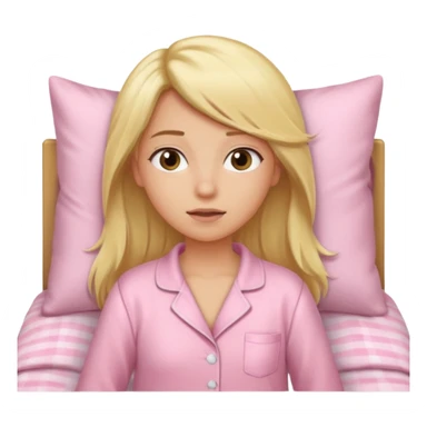 A girl in a light pink pajama wakes up in bed, her hair long, blonde, and straight. sticker