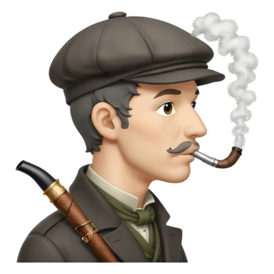 A side view of Sherlock Holmes wearing a deerstalker hat with a curved meerschaum pipe held to his lips sticker