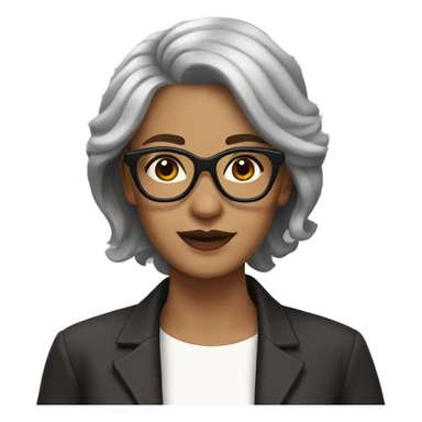 Lady with a pointed chanel black and gray hair,  light brown eyes with brown glasses sticker