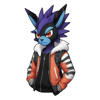 Cool Anthro Black Noivern-Absol-Litten-Pokémon with edgy stripes hoodie spiked collar punk Full Body sticker