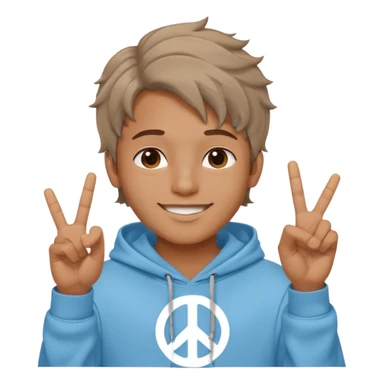 An indian boy in a light blue hoodie with wavy flow hairstyle showing peace sign sticker