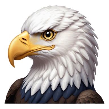 Cinematic Noble American Eagle Portrait Emoji, Poised and regal, with a powerful, broad build, a distinctive white-headed silhouette contrasting a dark, formidable body, and piercing, intense eyes, Simplified yet sharp and sophisticated features, highly detailed, glowing with a soft, majestic radiance, high shine, intelligent and commanding, stylized with an air of national pride, focused and vigilant, soft glowing outline, capturing the essence of a watchful and confident American eagle that appears ready to soar out of the screen with effortless authority! sticker