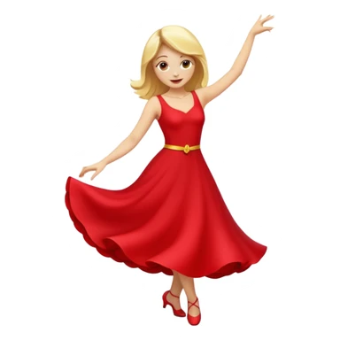 a yellow-blonde woman dancing wearing a red dress, in flat emoji / Apple style, smooth shapes, glossy highlights, bright saturated colors, simple features, minimal details, no outlines, red clothes flowing, joyful pose sticker
